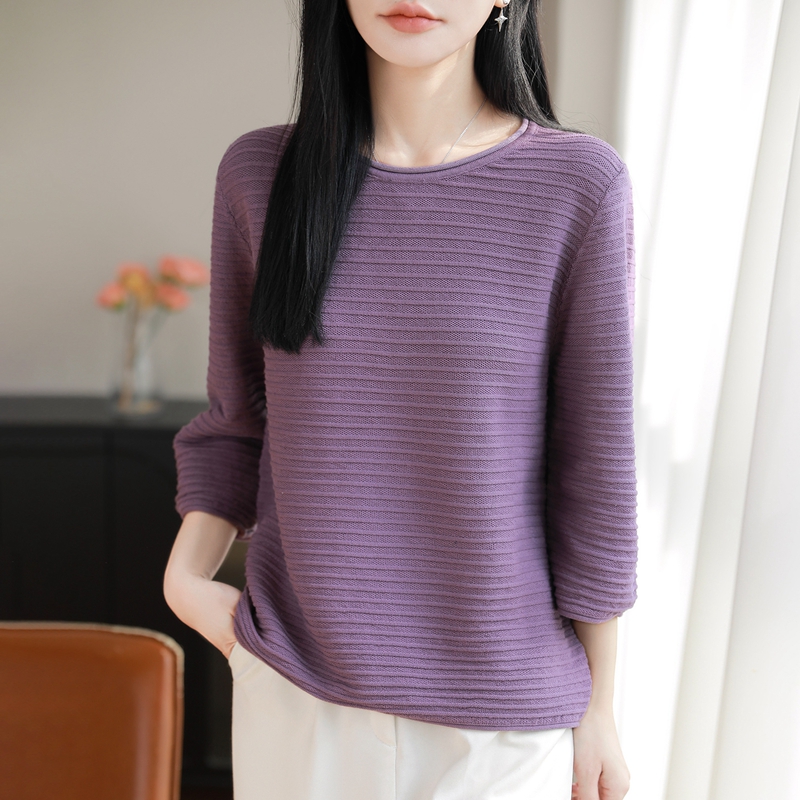 Base Layer Top - 2026 100%純綿七分袖ニットシャツ レディース ベースレイヤー ロングトップ Tシャツ